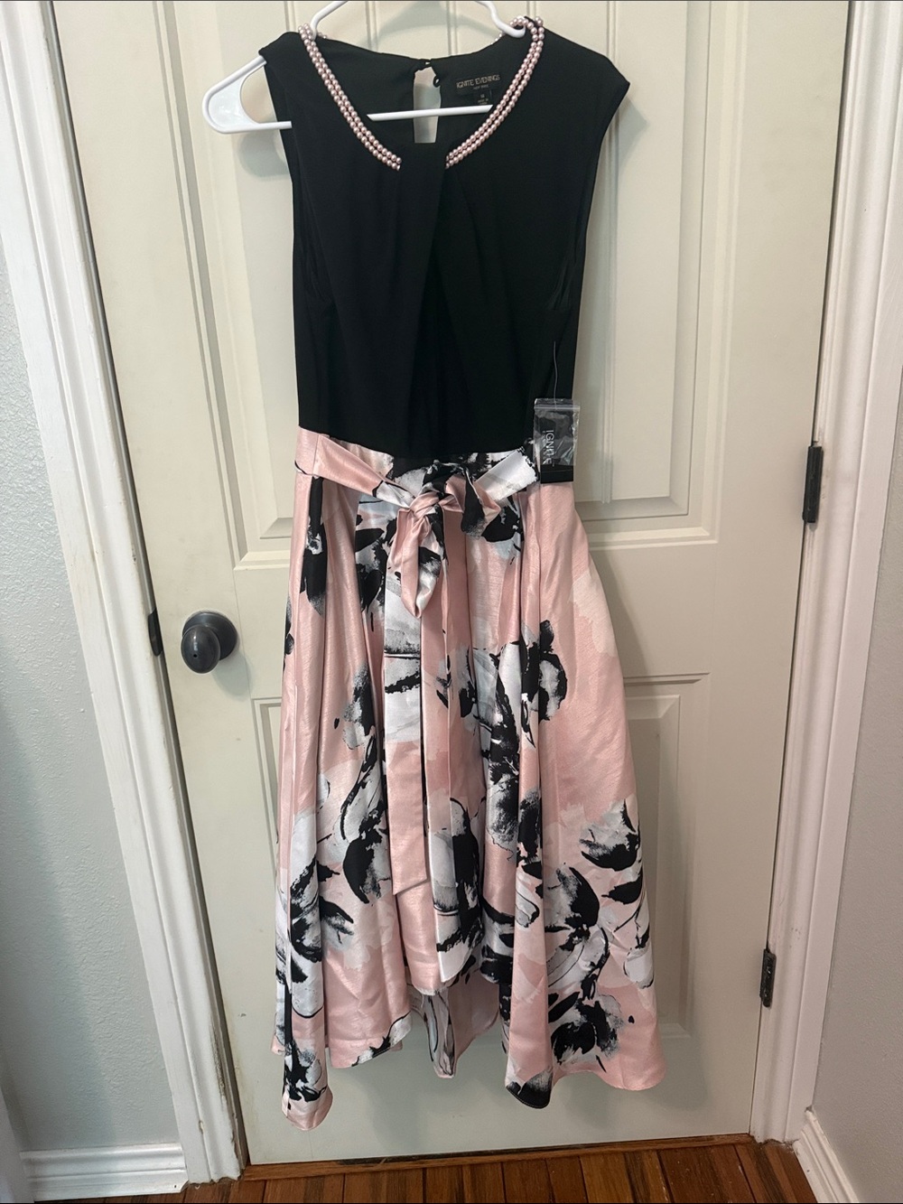 Gino Cerruti Black & Pink Floral High-Low Dress with Pearl Collar